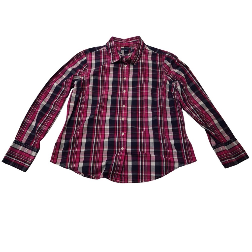 Tommy Hilfiger Shirt Womens XL‎ Pink Plaid Long Sleeve Button Up Cotton Collared